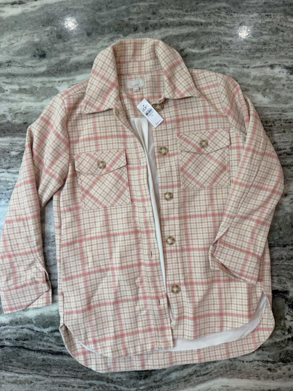 NWT LOFT Cream and Pink Plaid Flannel Jacket
Size XS